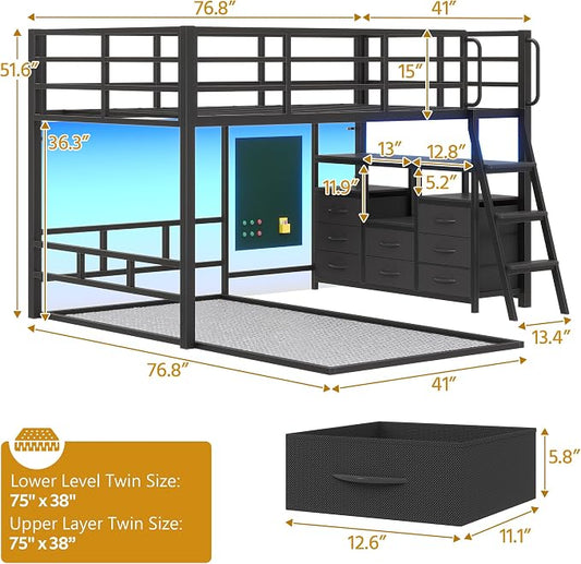 busyaeh Bunk Bed Twin Over Twin,8 Drawers & 4 shelve,15" H Safety Guardrail | Low Bunk Bed with LED Light,Metal L-Shaped Twin Bunk Bed with Charging Station,Floor Bunk Bed with Ladder,Twin bunk bed Black