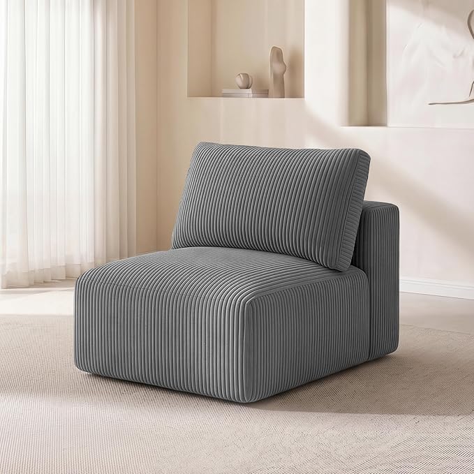 Modular Sectional Sofa Extension, Armless Memory Foam Cloud Chair, 31" Boneless Corduroy Upholstered Single Seat, No Assembly Required Accent Chair for Living Room Apartment Home Decor, Grey