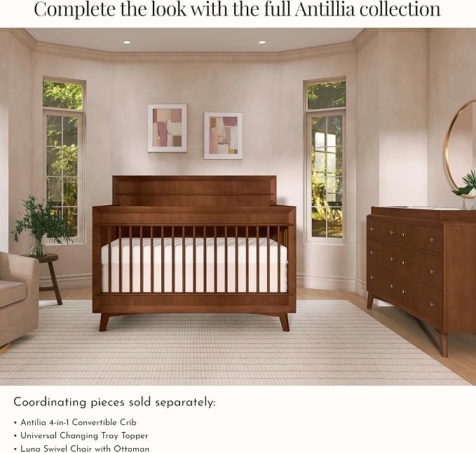 Evolur Loft Antilia Mid-Century 4-in-1 Crib in Walnut, Greenguard Gold & JPMA Certified, Baby Crib Converts to Toddler Bed, Daybed & Full Bed