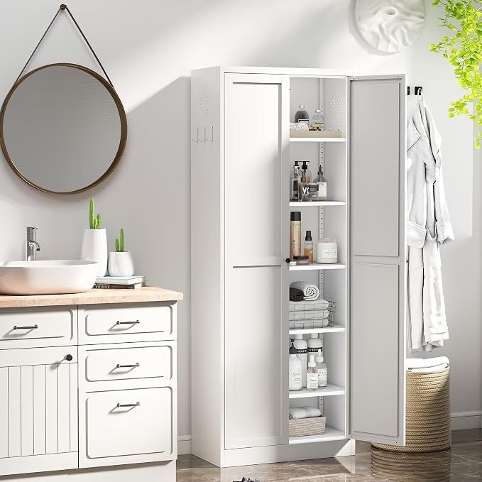 Kitchen Pantry Cabinet, 72" Tall White Metal Storage Cabinet, Kitchen Storage with 2 Doors and 5 Adjustable Shelves, Freestanding Cupboard for Living, Dining Room and Bathroom,Assemble Required