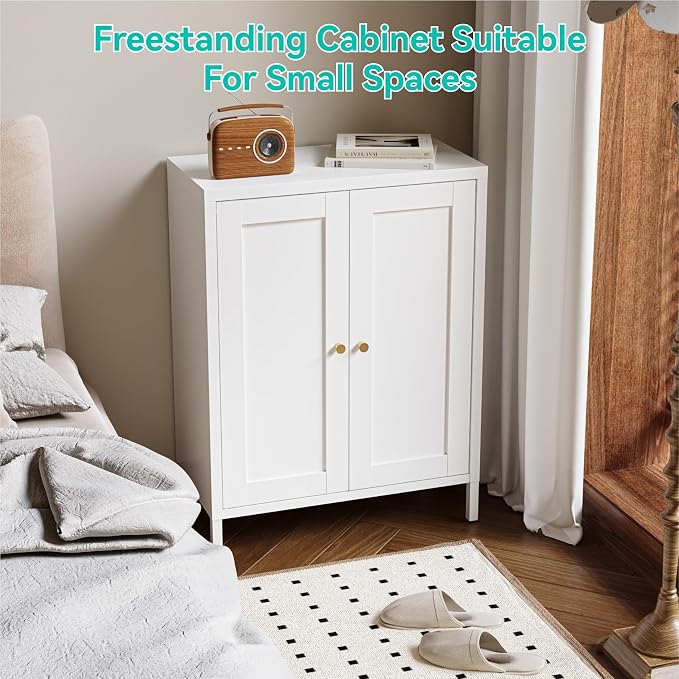 Small Metal Storage Cabinet,23.6 Inch Wide 11.8 Inch Deep,Bathroom Cabinet with Adjustable Shelves,3-Tier 31.5" Tall Shaker Cabinet for Kitchen Entryway Living Room,White