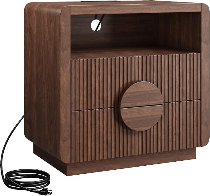 23" Wide Fluted Nightstand, Mid Century Bedside Table with Charging Station, Wood End Table with 2 Drawers and Open Shelf for Bedroom, Home Office, Walnut