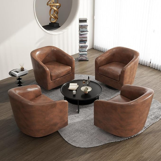 360° Swivel Barrel Accent Chair Armchair, PU Leather Round Club Arm Chair for Lving Room, Modern Upholstered Small Bedroom Single Sofa Seat - Coffee Brown, Set of 4