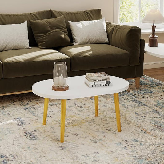 Oval Coffee Table Low Table with 4 Solid Wood Sturdy Legs,Floor Table Desk for Sitting on The Floor,19.7"D x 31.5"W x 16"H Inches,Living Room/Toy room Furniture,Rental house Furniture(White-Oval)