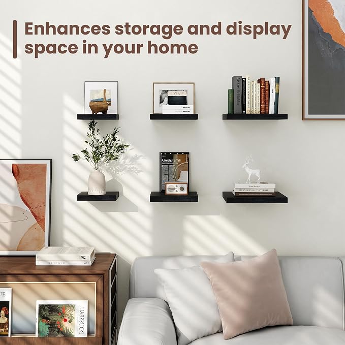 Fun Memories Floating Shelves for Wall - 12 Inch Square Shelves with Invisible Brackets, Black Small Wall Shelf for Living Room, Bathroom, Bedroom, and Kitchen Decor Set of 3