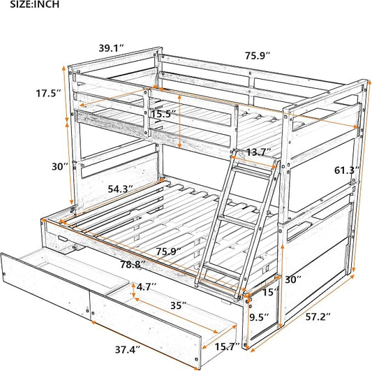 Merax Twin Over Full Bunk Bed, Wood Bunk Bed with Removable Ladders and Two Storage Drawers, Convertible into Two Individual Beds (Espresso)