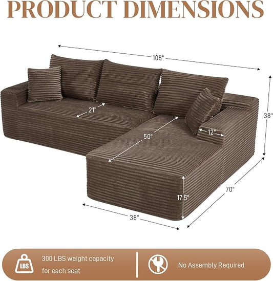 108" L Shaped Cloud Boneless Sectional Couches for Living Room, Modern Comfy Modular Deep Seat Memory Foam Compressed Corduroy Sofa Oversized Right Facing Chaise, No Assembly Required, Brown