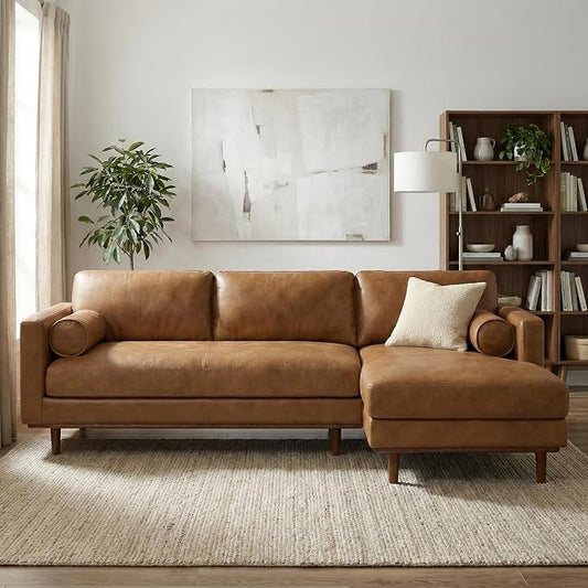 SIMPLIHOME Morrison Right Sectional Sofa in Full-Grain Genuine Leather, Caramel Brown, 102-inches Wide, L-Shaped Leather Couch with Right Chaise for the Living Room and Family Room