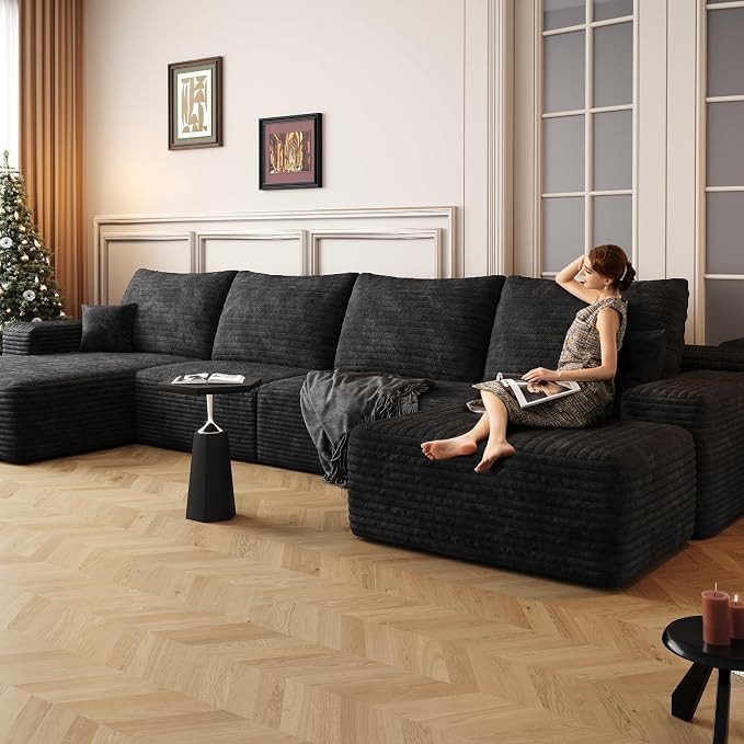 AUGOP 136" Sectional Couches for Living Room Modern Modular Sofa with L-Shape Couchs Upholstered Boneless Couch Deep Seat Sectional Couch with Chaise (Black, Left Facing Chaise+3Seaters+Ottoman)