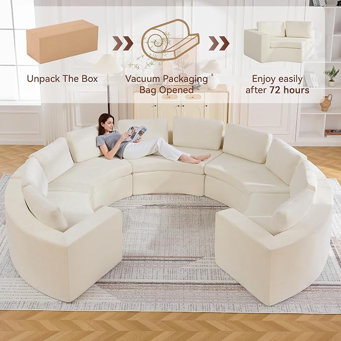 WUTUTUEE 145'' Curved Round Boneless Couch, Oversized U Shaped Sofa with Deep Seat & Arms, Chenille Modular Sectional Sofa with Pillows, Upholstered Comfy 10 Seat Couch for Living Room, White