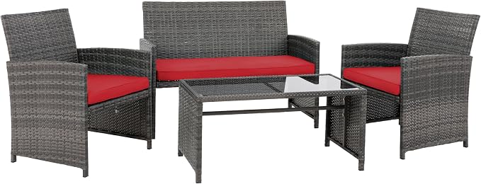 4 Piece Patio Ratten Set Outdoor Furniture Set Wicker Conversation Set with Cushions and Tempered Glass Tabletop,Red