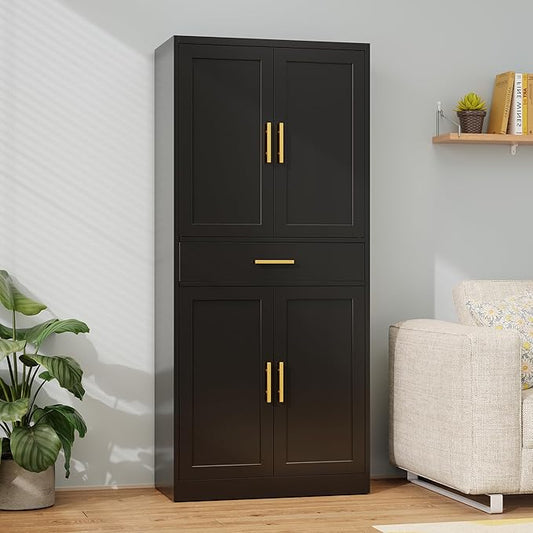 Metal Kitchen Pantry Cabinet, 71"Tall Cabinet with 1 Drawer, Doors and 2 Adjustable Shelves, Pantry Cabinets for Kitchen Storage, Metal Storage Cabinet for Kitchen, Dining Room, Living Room- Black
