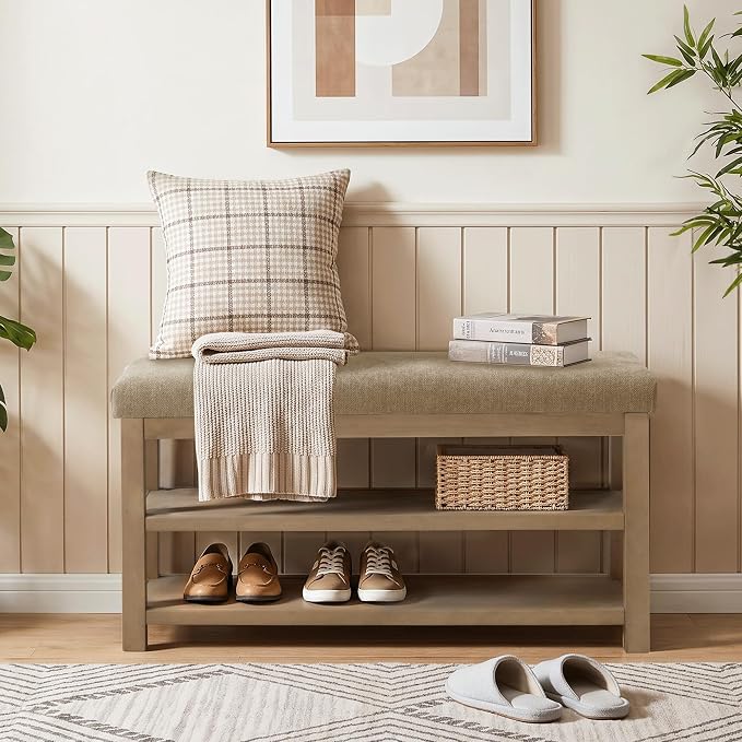 Zihanhome 2 Tier Shoe Rack Bench with Cushion, Solid Wood Shoe Benches, Mid-Century Modern Shoe Storage Bench for Entryway, Hallway, Living Room, Closet, Front Door Entrance, (Brown, 39.4")