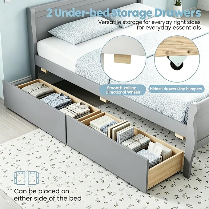 Giantex Twin Bed with 2 Storage Drawers, Wood Platform Bed with Headboard & Footboard, Wooden Slats Support Mattress Foundation, Twin Bed Frames for Kids Teens Adults, No Box Spring Needed (Grey)