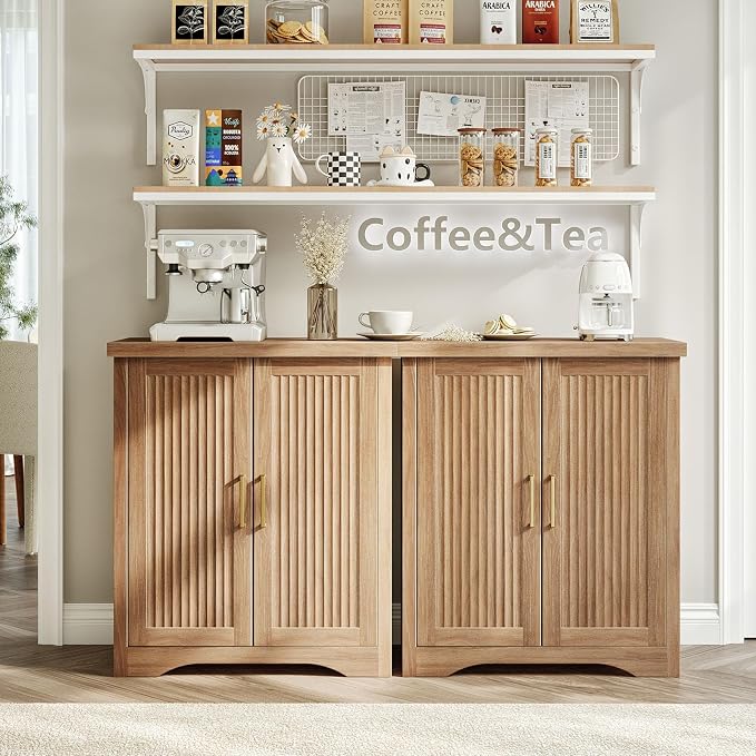 Memobarco Fluted Buffet Cabinet with Storage Accent Sideboard,Modern Credenza with 2 Doors & Adjustable Shelves,Wood Coffee Bar Table Console for Dining Room Kitchen Living Room Entryway,Natural Oak