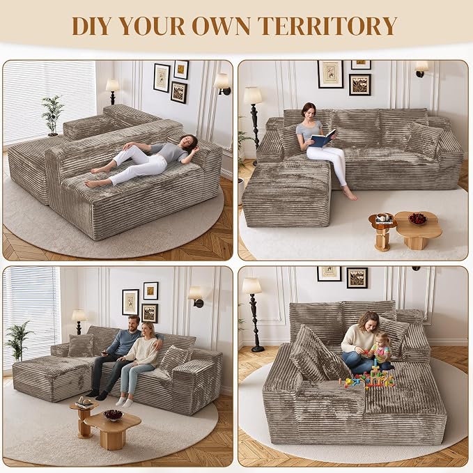 108" L Shaped Boneless Sectional Couches for Living Room, Comfy Corduroy Floor Cloud Sofa with Chaise, Wide Armrest, Deep Seat, Memory Foam, Assembly Free, Ideal for Small Spaces, Brown