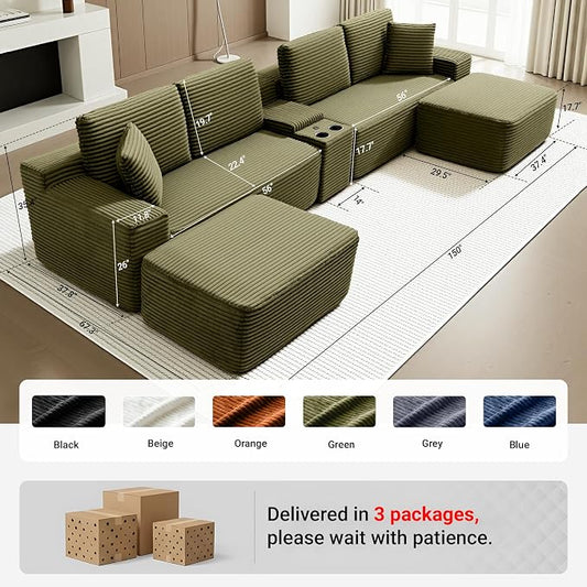 ivoros 150 Inch Modular Sectional Sofa Couch, Oversized Modern Cloud Couch for Living Room, U Shape Couches with 2 Ottomans, USB Ports and Cup Holders, Green Corduroy Boneless Sofas, Sofa in a Box