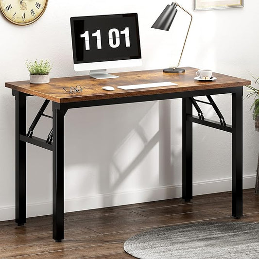 Need 39.4 Inch Folding Desk for Small Spaces, Home Office Computer Desk with Rustic Brown Tabletop & Black Metal Frame, Foldable Writing Table for Study, Bedroom, Dorm Room & Student