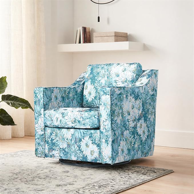 Swivel Accent Chair, Modern Round Barrel Arm Chair for Living Room, Bedroom, Comfy Club Reading Chairs for Adults (Cyan Blooms, Set of 1)