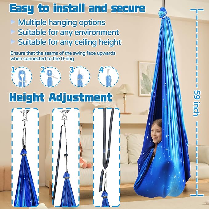 Sensory Swing for Kids Indoor & Outdoor Double Layer Therapy Cuddle Hammock Chair with 360 Swivel Hanger Kit Adjustable Swing for Child and Adult with Aspergers Autism ADHD (Star Blue)