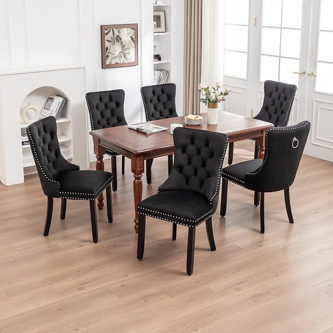 Mid Century Modern Dining Chair Set of 6 Velvet Upholstered Dining Accent Chair Farmhouse Dining Chairs with High Back and Nailhead Trim for Kitchen, Living Room, Bedroom (Black)