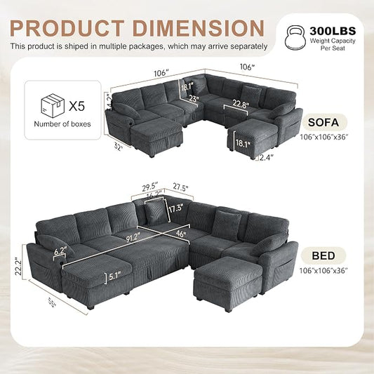 Hanherry 106" Sectional Sofa with Pull Out Couch Bed,7 Seat Corduroy Sleeper Sofa with 2 Seat Storage & USB Charging,Storage Ottoman,Comfy Modular Couches for Living Room,Apartment