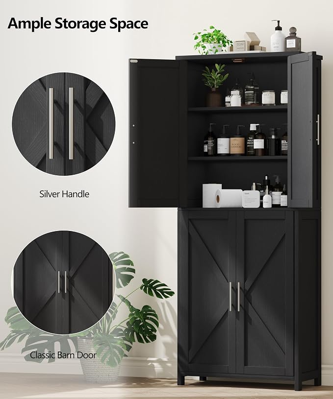 Akxomel Tall Bathroom Storage Cabinet, 11 x 22.8 x 63 Inches, Floor Cabinet with Barn Doors, Adjustable Shelf, Linen Pantry Cabinet for Kitchen, Laundry Room, Living Room, Entryway, Black