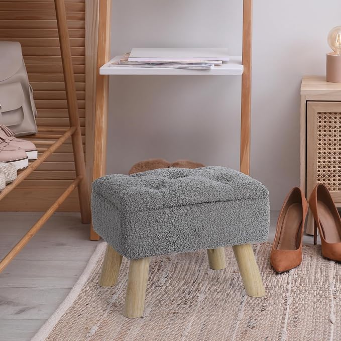 OGEMXU Storage Ottoman, Small Storage Ottoman Foot Stool with Wood Legs, Teddy Velvet Rectangular Foot Rest for Chair, Soft Sponge White Footstool for Living Room, Couch, Bedroom, Dorm (Grizzly)
