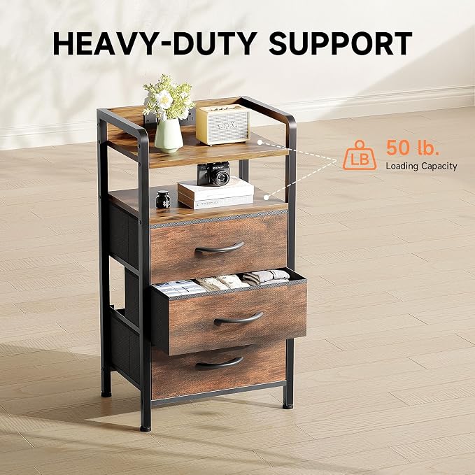 Lazzanto Night Stand Bedside Table Bedroom - Nightstand with Charging Station & LED Light Strip, Bed Side End Table with Storage Shelf & 3 Fabric Drawers, U-S-B Ports & AC Outlets, Rustic Brown