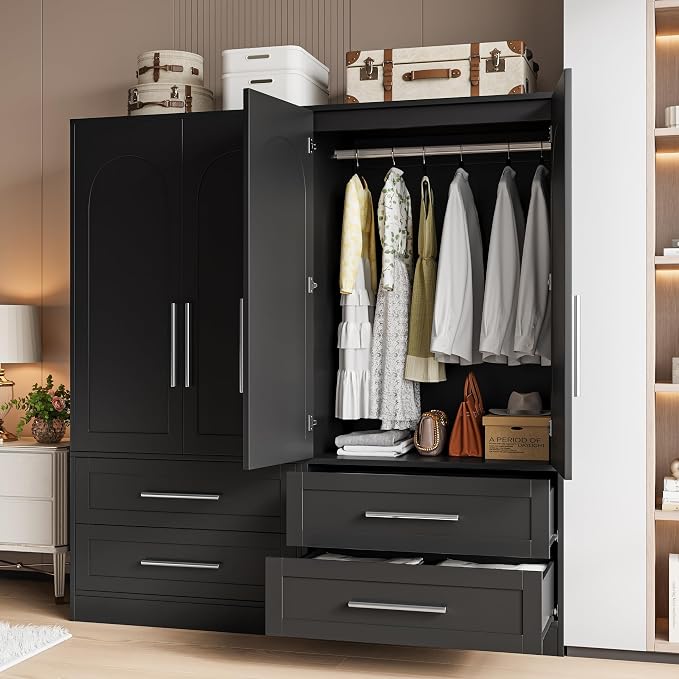 iPormis Wooden Armoire Wardrobe Closet with 2 Drawers, Clothing Storage Cabinet with Shelves Aluminum Hanging Rod, Wardrobe Storage with Strong Door Closure, Modern Bedroom Clothing Armoires, Black