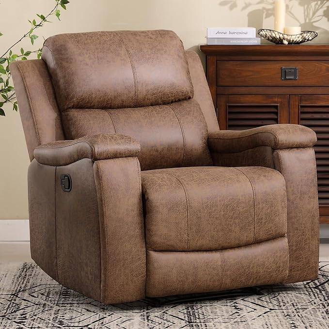 CANMOV Leather Recliner Chair Set of 2, Classic and Traditional Manual Recliner Chair with Overstuffed Arms and Back, Manual Single Sofa with Concealed Cup Holders,Nut Brown