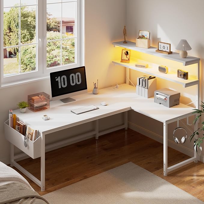 DurayLoly 53 Inch L Shaped Desk Computer Desk with LED Light & 5 Power Outlet, Reversible White Desk with Shelf & Storage Bag & Hook White Vanity Desk for Home Office, White