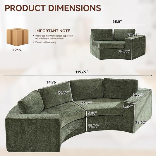 WUTUTUEE 119'' Curved Round Boneless Sofa, Oversized Modular Sectional Sofa with Deep Seat & Arms, Chenille Memory Foam Sofa with Pillows, Upholstered Comfy 4 Seat Couch for Living Room, Green
