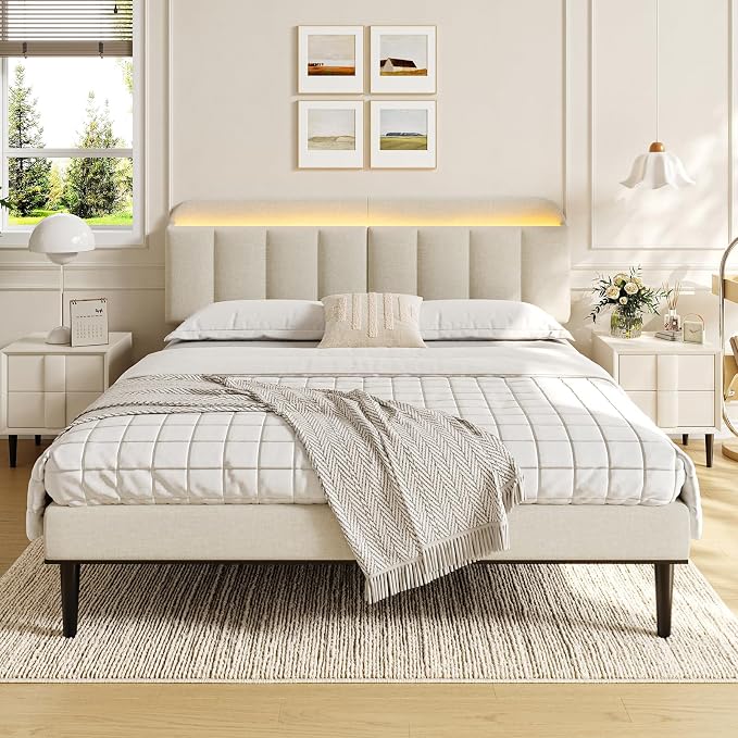Adjustable Headboard for King/California King Size Bed Frame, Linen Fabric Bed Headboard with Storage & RGB LED Light in Modern Vertical Channel Design, White