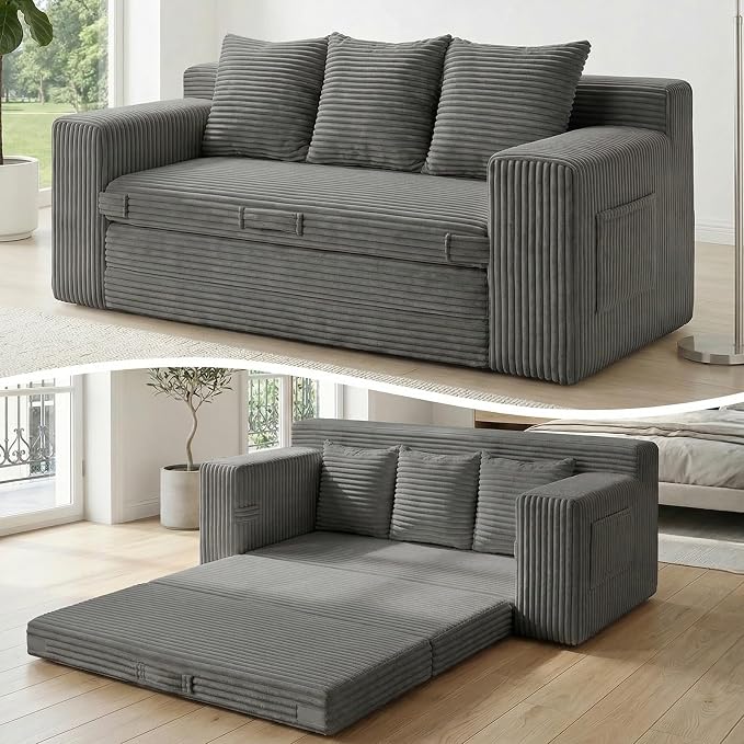 Boneless Couch Sofa Bed, 70'' Convertible Tri-Folding Futon Sleeper with Handle & Side Pockets, Pull Out Couch Bed with Hook and Loop No Assembly for Small Space,Living Room & Bedroom