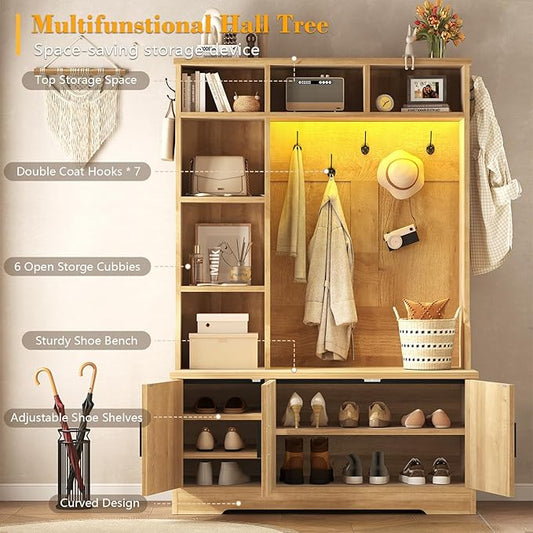 CSZZD Hall Tree with Bench and Shoe Storage, Fluted Entryway Bench with Coat Racks and Led Lights, 69" Tall Wood Hall Tree with 7 Coat Hooks, 6 Storage Cubbies, Adjustable Shelf