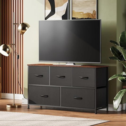 WLIVE Dresser for Bedroom with 5 Drawers, Wide Chest of Drawers, Fabric Dresser, Storage Organizer Unit with Fabric Bins for Closet, Living Room, Hallway, Black and Rustic Brown