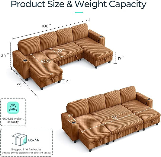 LINSY HOME Sectional Sleeper Sofa Pull Out Couches for Living Room (Brown, Sleeper Sofa 3) | Pull Out Sofa Bed, Storage, USB Charging, Cup Holders, Plush Corduroy