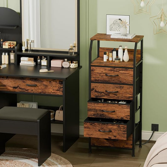Furnulem 5 Drawers Dresser with Charging Station, Tall Night Stand with Storage Shelf, Fabric Chest of Drawers, Bedside Table for Closet, Entryway, Bedroom Furniture, 3 Ways to Use, Rustic Brown