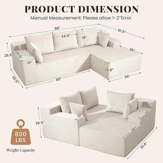 GRUSIGN Cloud Sectional Boneless Couches for Living Room, Modular L Shaped Couch with Deep Seat Oversized Right Facing Chaise, Memory Foam Compressed Spineless 3 Seater Sofa for Apartment, Beige