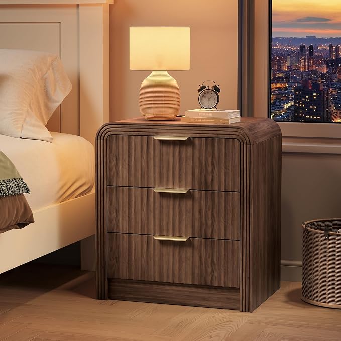 Decofy Fluted Nightstand with Charging Station, Modern Bedroom Side Table with Gold Handles, Curved Profile Design, End Table Wood Organizer for Bedroom, 19.7" & 3 Drawers (1 Pack, Walnut)