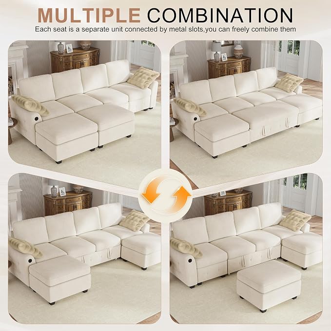 Hanherry 104" Sectional Couch with Pull Out Sofa Bed,Chenille Sleeper Sofa with Storage Ottoman & USB Charging,Comfy U Shaped Modular Couches for Living Room,Apartment