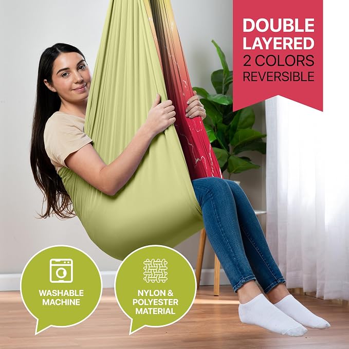 Indoor Sensory Swing for Kids or Outdoor – Holds 300lbs, Double-Layer, & 360° Swivel, Calming Compression Therapy Swing Hammock for Kids & Adults with All Hardware – Sensory-Motor Toys & Gifts