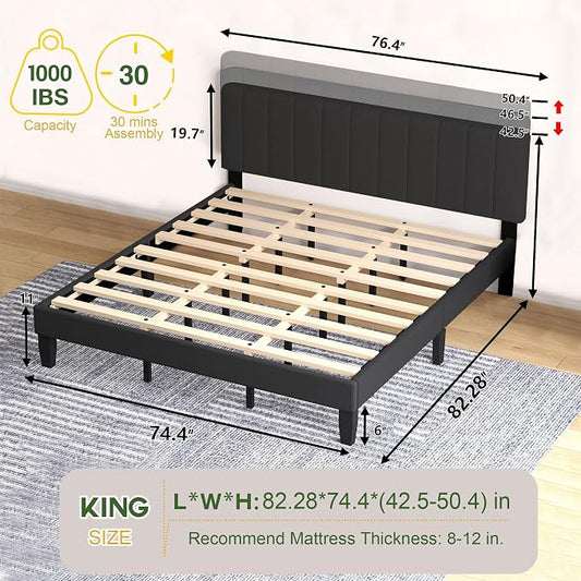 King Size Bed Frame with Velvet Upholstered Platform Bed and Wooden Slats Support, Adjustable Height Headboard/No Box Spring Needed/Easy Assembly/Mattress Foundation, Black