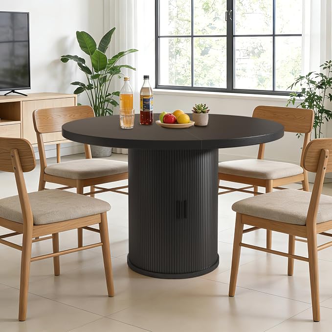 35.5'' Round Pedestal Dining Table, 2-4 Modern Fluted Dining Room Kitchen Table with Storage Shelf, Wood Base Dinner Tables for Kitchen, Breakfast Nook, Small Space, Living Room(Black)