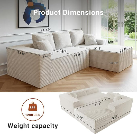 Claiks Boneless Couch, Cloud Couch Sectional, L-Shape Corduroy Modular Sectional Sofa Deep Seat, Upholstered Couches for Living Room, No Assembly Required, Beige, Right Facing Chaise