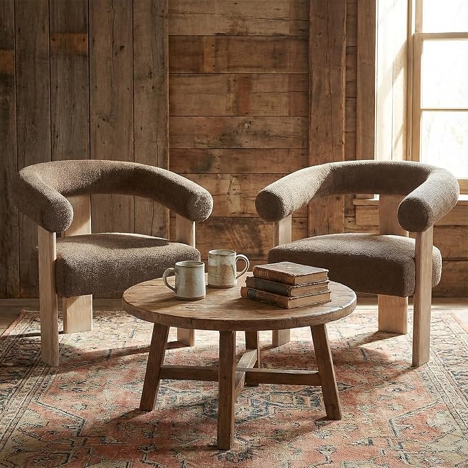 VKNOW Accent Chair Living Room Chairs Set of 2, Modern Upholstered Arm Chair with Solid Wood Legs, Comfy Barrel Accent Chairs for Living Room, Bedroom, Brown