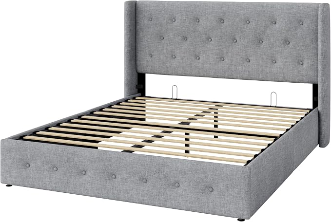 Allewie Full Size Lift Up Storage Bed, Button Tufted Headboard with Wingback, Hydraulic Support, No Box Spring Needed, Light Grey