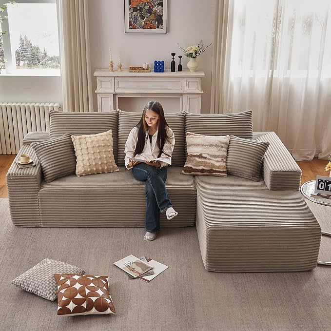 107" Cloud Sectional Couch with L-Shape Chaise, Modern Modular Comfy Sofa Chaise Longue, Upholstered Corduroy Couches Sleeper with Deep Seat for Living Room Bedroom, No Assembly Required, Camel