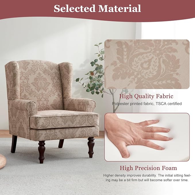 HUIMO Printed Wingback Accent Chair, Linen Upholstered High Back Armchair, Comfy Reading Chair for Living Room Bedroom Study, 300lbs Weight Capacity (2, Brown Floral)